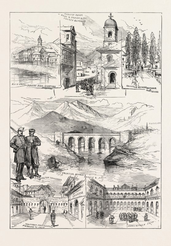 THE CIVIL WAR IN SPAIN: CARLIST SKETCHES FROM NAVARRE. FRONTIER BETWEEN FRANCE AND SPAIN. TEMPORARY FORTIFICATION ENTRANCE TO IRUN. ELIZONDO, CARLIST HEADQUARTERS, NAVARRE. HOTEL DE VILLE, IRUN. REPUBLICAN VOLUNTEER. CARABINERO. FRONTIER BETWEEN BAYONNE AND PAMPELUNA. CARLIST TROOPS GOING TO PRAYER IN THE CHURCH, ELIZONDO