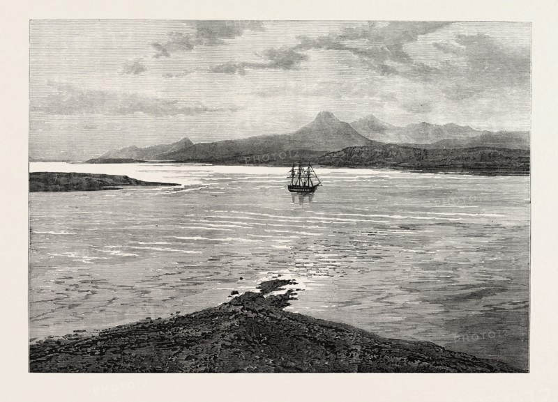 THE OCEAN DEPTH EXPLORING VOYAGE: H.M.S. CHALLENGER AT ANCHOR IN ROYAL SOUND, KERGUELEN LAND