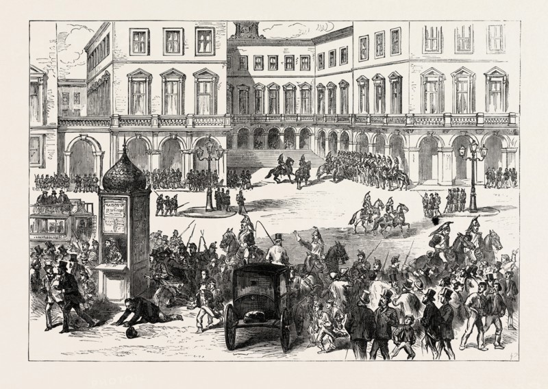 PARIS MUNICIPAL GUARD DISPERSING THE CROWD AT THE ST. LAZARE RAILWAY STATION
