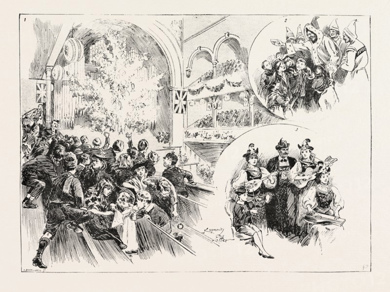 CHRISTMAS FETE AT MR. CHARRINGTON'S ASSEMBLY HALL, MILE END: 1. An exciting moment. 2. Food for the body: giving packets of Bovril and chocolate to the children. 3. Food for the mind: entertainment by the Meier family.