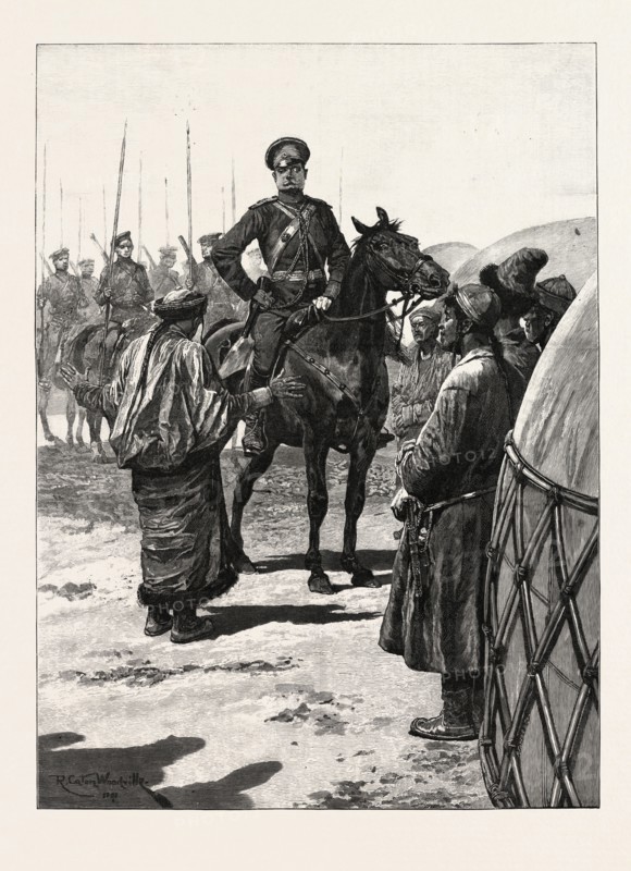 ADVANCE OF RUSSIAN CIVILISATION: A SOTNIA OF COSSACKS AT A VILLAGE IN CHINESE TARTARY