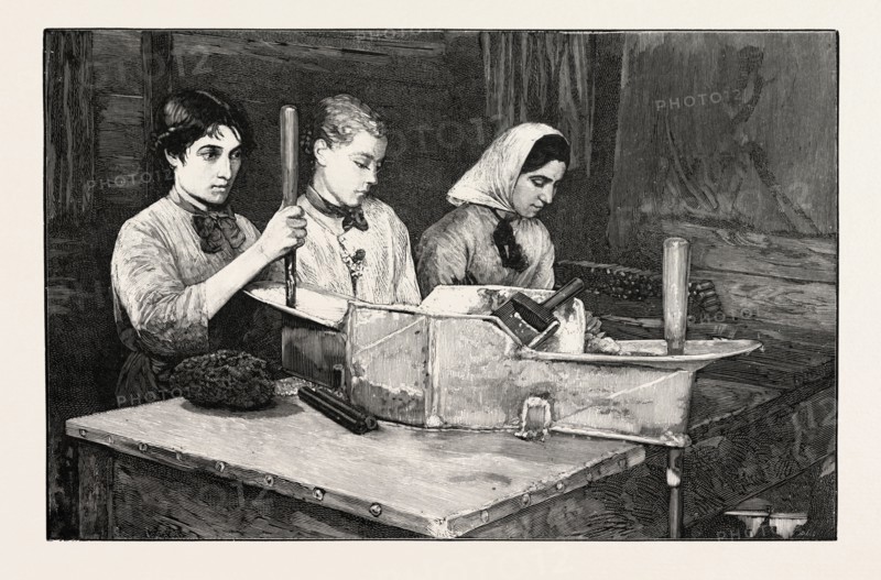 DYNAMITE MANUFACTURE AT ISLETEN, NEAR FLUELEN, SWITZERLAND: FILLING CARTRIDGES WITH DYNAMITE POWDER