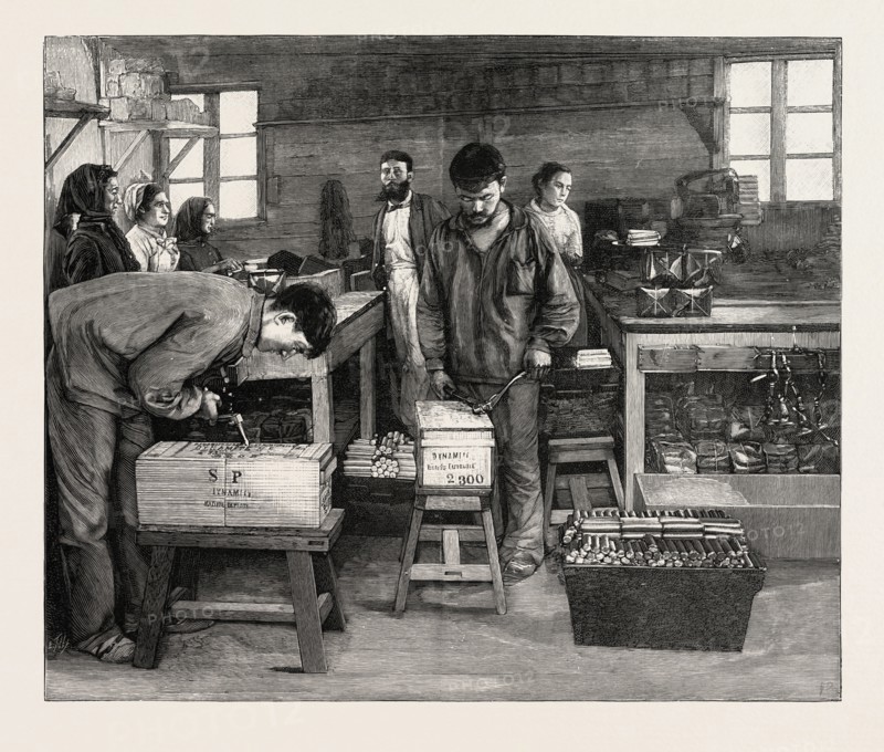 DYNAMITE MANUFACTURE AT ISLETEN, NEAR FLUELEN, SWITZERLAND: PACKING THE CARTRIDGES INTO BOXES
