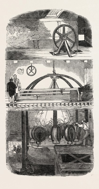 SECTION OF THE MANUFACTORY, SHOWING THE PROGRESS OF THE ROPE FROM THE GROUND FLOOR TO THE WHEEL IN THE SECOND STOREY