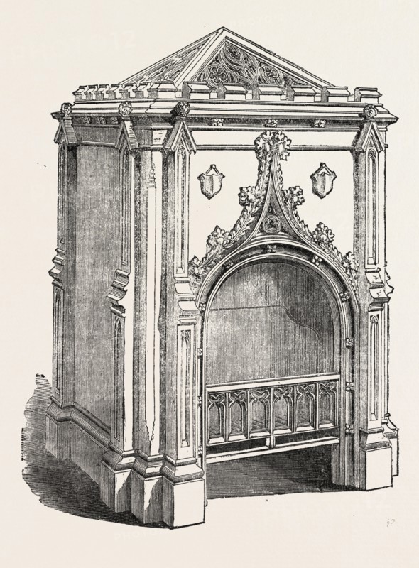 HALL STOVE, BY PIERCE, JERMYN STREET, LONDON, UK. THIS IS A PRO-PNEUMATIC WARMING AND VENTILATING STOVE GRATE, SUITABLE FOR THE ENTRANCE HALL OR STAIRCASE. THE OUTER COATING IS OF CAST IRON AND THE INTERIOR IS OF PREPARED FIRE-CLAY
