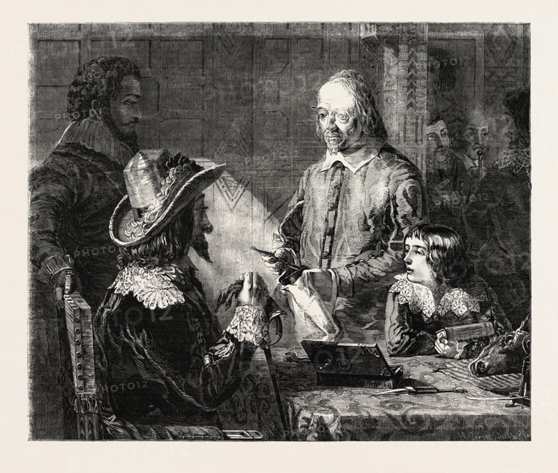 FINE ARTS, "HARVEY DEMONSTRATING TO CHARLES I. HIS THEORY OF THE CIRCULATION OF THE BLOOD" PAINTED BY R. HANNAH