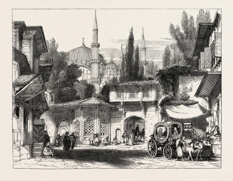 A STREET IN CONSTANTINOPLE, WITH THE FOUNTAIN AND MOSQUE OF SULTAN ACHMET, DRAWN BY THOMAS ALLOM, ISTANBUL, TURKEY