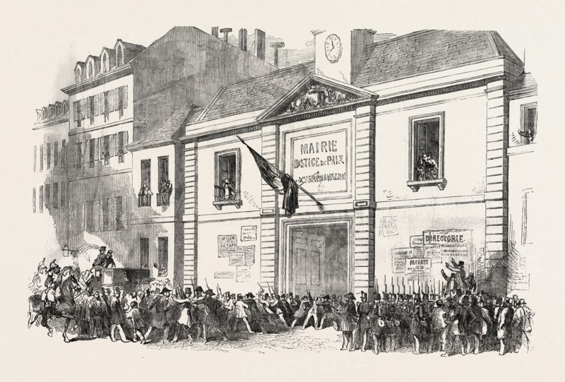 THE REVOLUTION IN FRANCE: MARIE OF THE 10TH ARRONDISSEMENT, PARIS. ARREST OF REPRESENTATIVES. M. BERRYER ADDRESSING THE PEOPLE, 1851