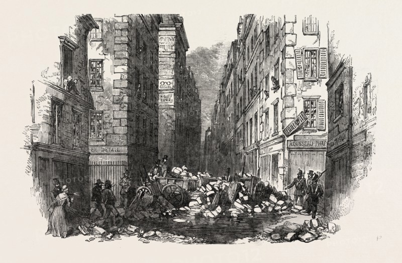 THE REVOLUTION IN FRANCE: THE FIRST BARRICADE, CORNER OF THE RUE DES GRANDES AUDRIETTES, PARIS, 1851