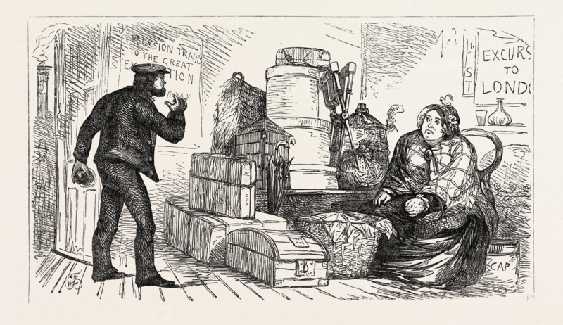 THE BURDEN OF MAN'S EXISTENCE: OR, LADIES' LUGGAGE: "SUCH IS A TOO FAITHFUL AND FAMILIAR PORTRAIT OF A WOMAN AS SHE APPEARS IN THE WAITING ROOM"