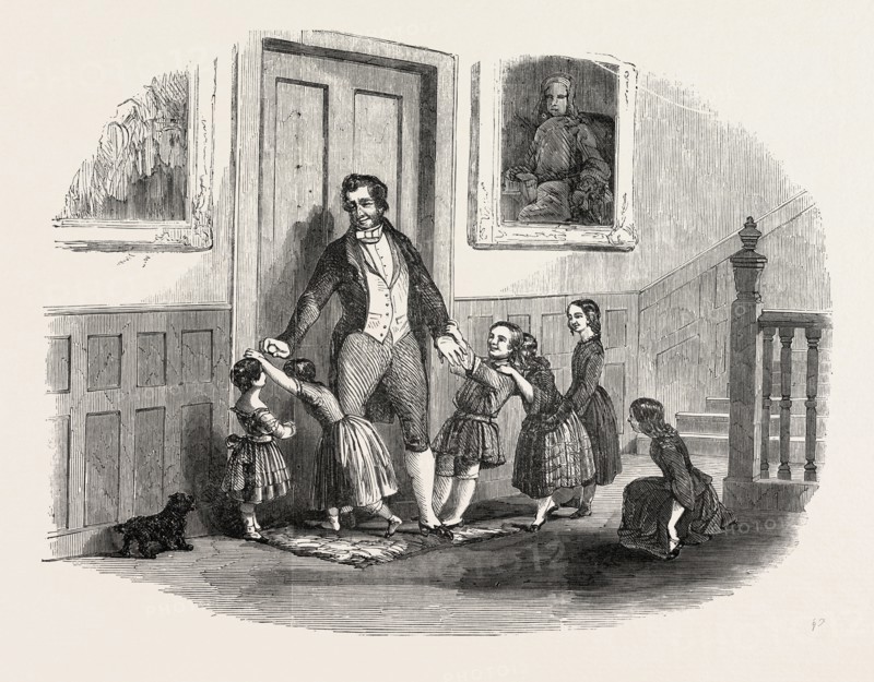 "THEY WERE ALWAYS REPULSED BY A TERRIBLE, STRONG-MINDED BUTLER, WHO KEPT GUARD ON THE MAT, AND ALLOWED NONE TO PASS" DRAWN BY DUNCAN