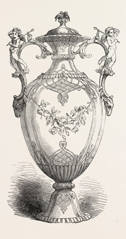 THE GREAT EXHIBITION: VASE, BY MESSRS. MINTON AND CO. THE HANDLES IN ELECTRO-SILVER, BY MESSRS. ELKINGTON, UK, 1851