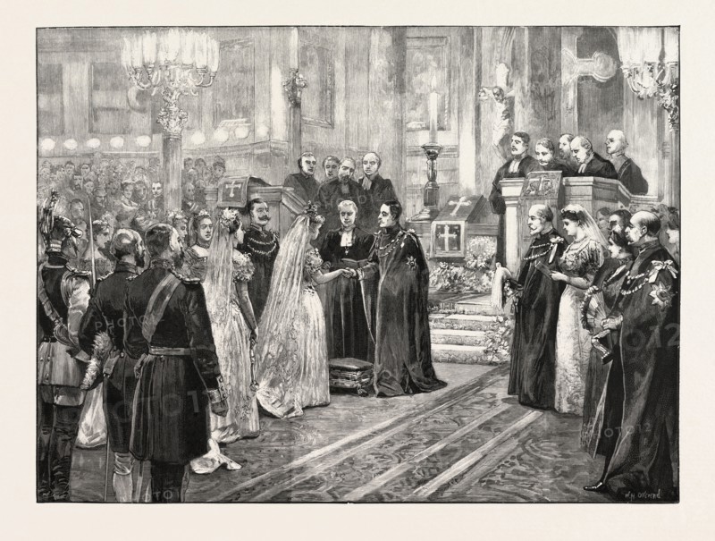 THE ROYAL MARRIAGE AT BERLIN, GERMANY: WEDDING CEREMONY IN THE CHAPEL OF THE ROYAL PALACE; PRINCE FREDERICK CHARLES OF HESSE AND PRINCESS MARGARET OF PRUSSIA, 1893, 1893 engraving