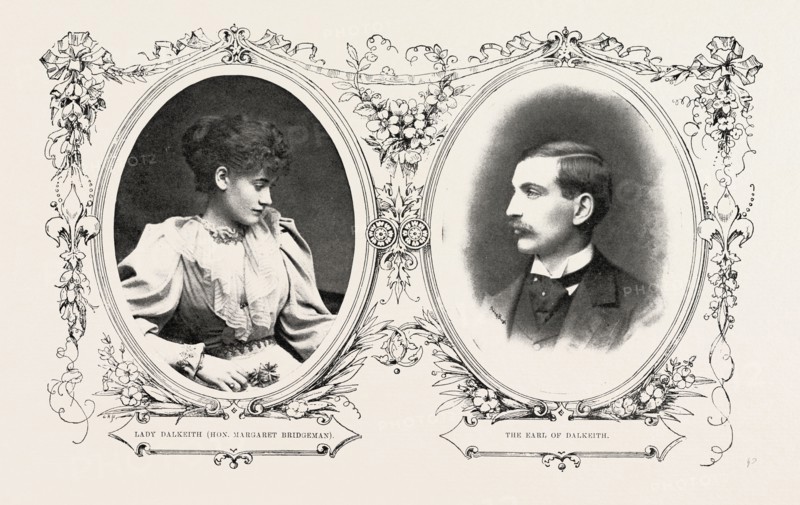 MARRIAGE OF LORD DALKEITH, HEIR TO THE DUKE OF BUCCLEUCH: LADY DALKEITH (HON. MARGARET BRIDGEMAN) AND THE EARL OF DALKEITH, 1893 engraving