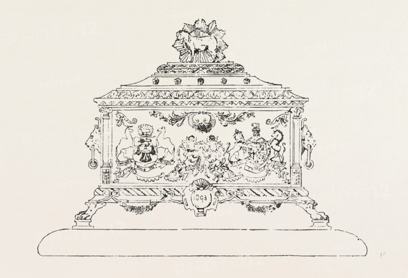 CASKET FOR FREEDOM OF MERCHANT TAYLORS COMPANY PRESENTED TO THE DUKE OF YORK, UK, 1893 engraving