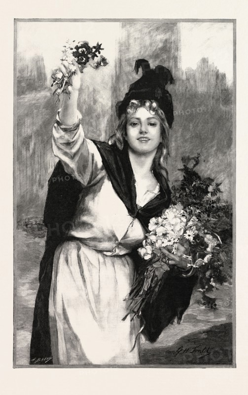 A LONDON FLOWER-GIRL, UK; PICTURE BY MDLLE. FOULD, IN THE SALON DES CHAMPS ELYSEES, PARIS, FRANCE, 1893 engraving