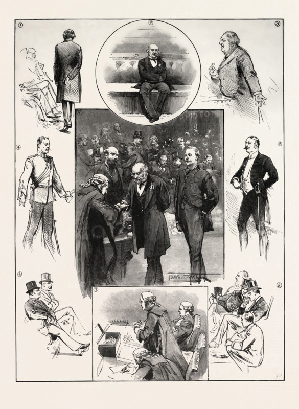 THE OPENING OF PARLIAMENT: INCIDENTS IN THE COMMONS: 1. Mr. Balfour enters. 2. Alone in his glory. (After the interval preceding the discussion on the Address Mr. Gladstone was for several minutes the sole Member present.) 3. Sir W. Harcourt (the Chiltern Hundreds). 4. Country: The Mover of the Address. 5. Town: The Seconder. 6. Extremes meet. 7. Two hours of weary ballot. 8. The third-floor back. 9. The Premier presents his credentials. UK, 1893 engraving