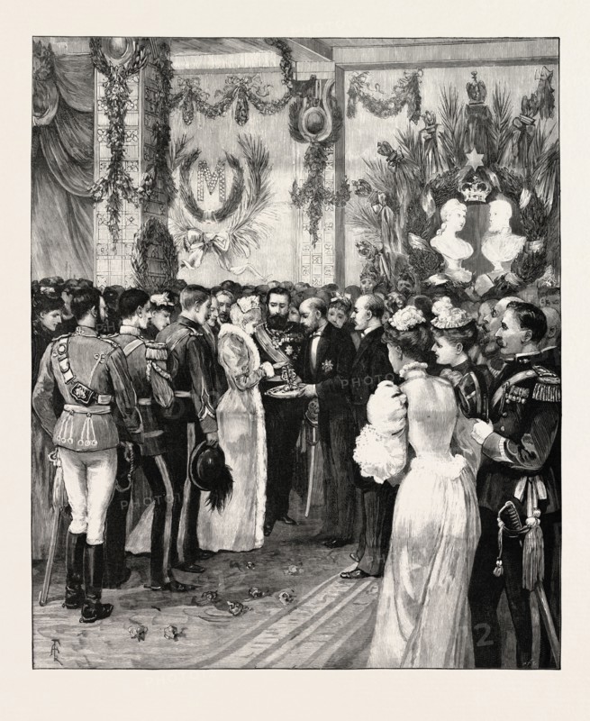 THE ROYAL HOME-COMING AT BUCHAREST: THE MAYOR OFFERING BREAD AND SALT AT THE RAILWAY STATION, ROMANIA, 1893 engraving