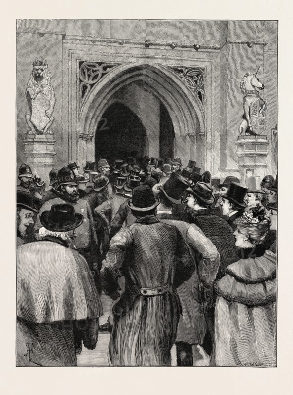 THE GREAT HOME RULE DEBATE: SCENE AT THE DOOR OF THE HOUSE OF COMMONS, UK, 1893, 1893 engraving
