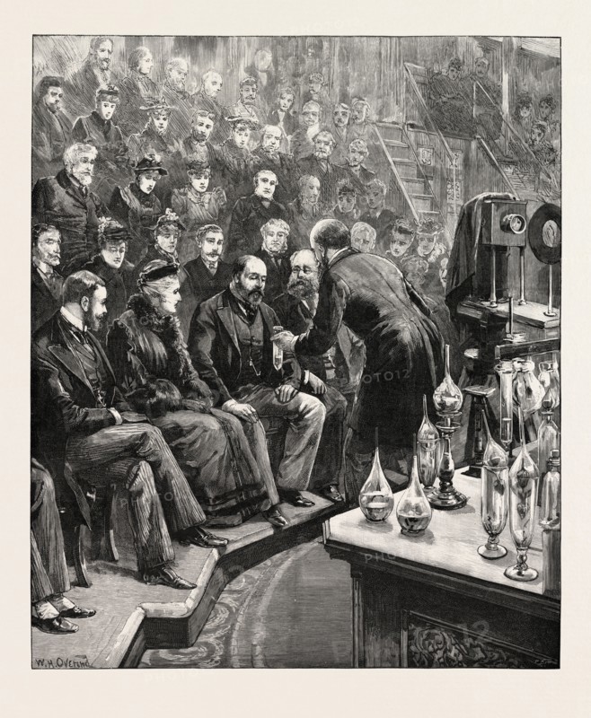THE PRINCE OF WALES AND THE DUKE OF YORK AT THE ROYAL INSTITUTION: PROFESSOR DEWAR LECTURING ON LIQUID AIR, UK, 1893 engraving