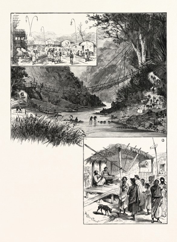 WITH THE SOUTH LUSHEI COLUMN: 1. Camp at Lalheya's Village, Kellam. 2. A Lushai Suspension-Bridge. 3. Interior of a Lushai Hut; INDIA, 1893 engraving