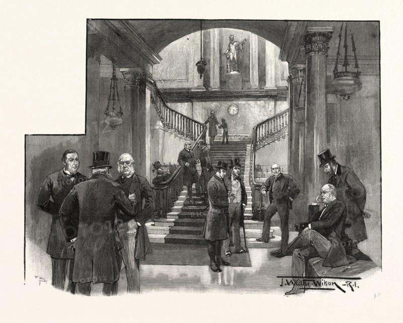 THE HALL OF THE ATHENAEUM CLUB, PALL MALL, LONDON UK; Mr. Justice Mathew, Sir John Bridge, Bishop of Salisbury, Mr. Justice Day, Mr. Justice Smith, Mr. Justice Cave, 1893 engraving