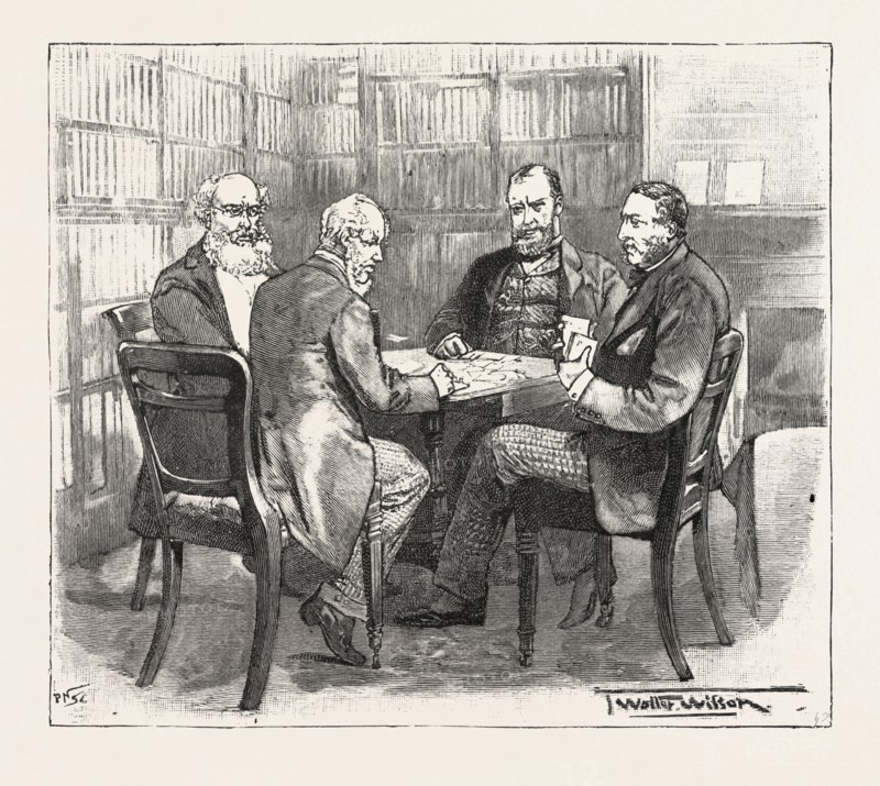 A MEMBER WHIST PARTY AT THE ATHENAEUM CLUB, PALL MALL, LONDON, UK, Anthony Trollope, Abraham Hayward, Right Hon. W.E. Forster, Sir George Jessel, 1893 engraving