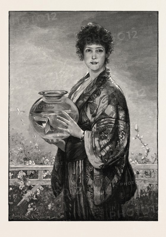 A WOMAN HOLDING A FISHBOWL CONTAINING GOLD FISH, 1893 engraving