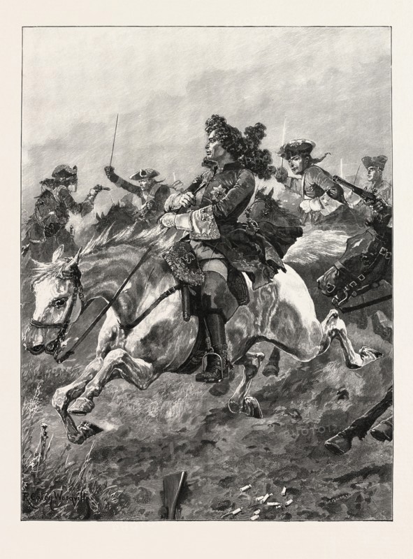 BATTLES OF THE BRITISH ARMY: RAMILLIES; NARROW ESCAPE OF MARLBOROUGH FROM FRENCH DRAGOONS. The Battle of Ramillies, fought on 23 May 1706, was a major engagement of the War of the Spanish Succession, 1893 engraving