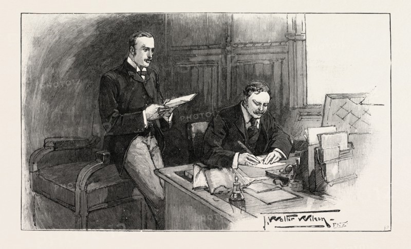 A DIVISION IN THE HOUSE OF COMMONS: THE OPPOSITION WHIPS: Sir William Walrond and Mr. Akers-Douglas, UK, 1893 engraving