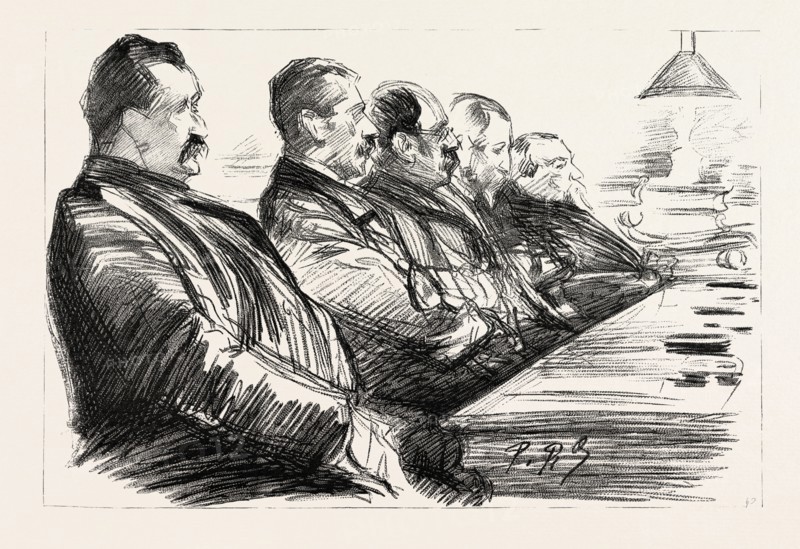THE ANARCHISTS IN PARIS, FRANCE, THE TRIAL OF RAVACHOL AT THE PALAIS DE JUSTICE: SOME OF THE JURY EMPANELLED TO TRY RAVACHOL, 1892 engraving