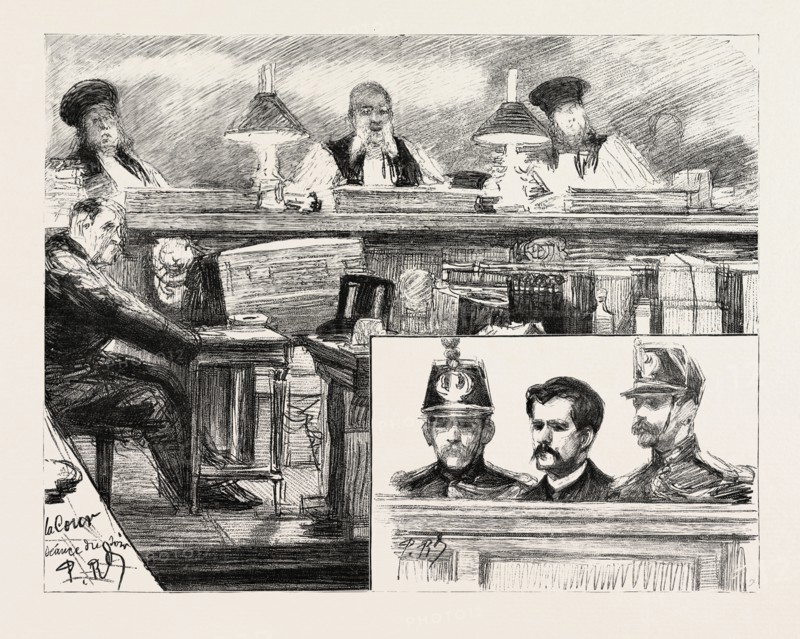 THE ANARCHISTS IN PARIS, FRANCE, THE TRIAL OF RAVACHOL AT THE PALAIS DE JUSTICE: M. GUES, THE PRESIDING JUDGE, ON THE BENCH; RAVACHOL SITTING BETWEEN TWO GUARDS The trial of Ravachol and his accomplices was prolonged by gaslight into the night, and the Judge's summing-up was not concluded until past one o'clock in the morning., 1892 engraving
