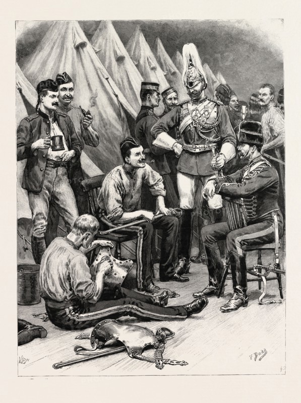 THE MILITARY TOURNAMENT AT THE AGRICULTURAL HALL: THE SOLDIERS' QUARTERS IN THE GALLERIES, The magnificent appearance presented by the troopers in the arena is not obtained without some trouble, and in the soldier's quarters in the galleries the men may be seen, when off duty, polishing and furbishing up their arms and accoutrements. UK, 1892 engraving