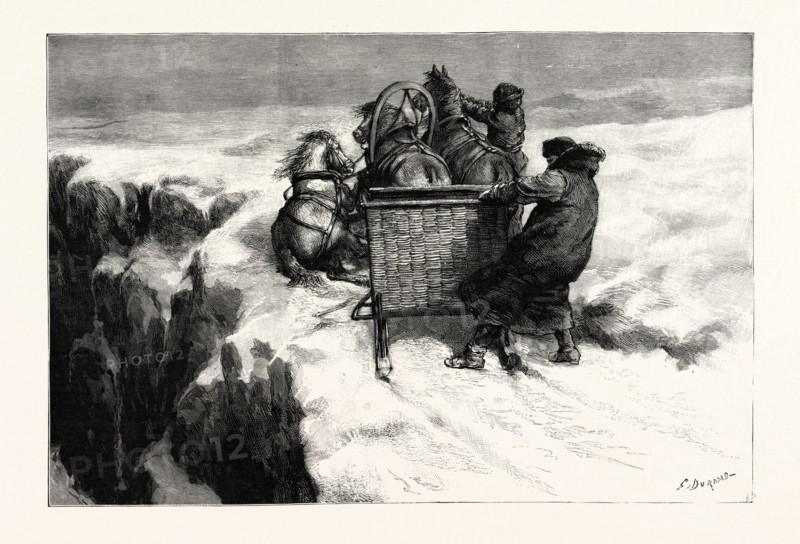 A DRIVE THROUGH A SNOWSTORM IN THE FAMINE-STRICKEN DISTRICTS OF RUSSIA; We were nearly at the end of this ordeal of ice when the near-side horse fell, and in a second there was nothing to be seen but legs and tails and bits of harness flying about; while the driver and I, who, thanks to our felt boots, were able to stand on the ice, had hurriedly jumped out and had got hold of the sledge to prevent its disappearance into the river below., 1892 engraving