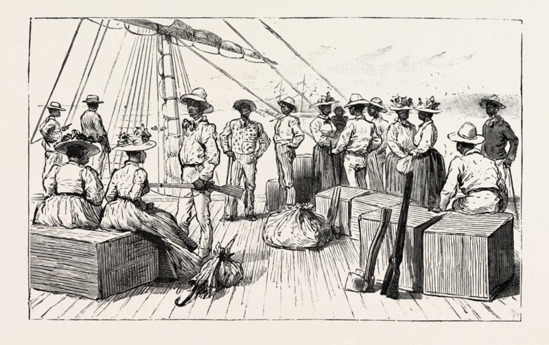THE KANAKA LABOUR QUESTION IN QUEENSLAND: ISLANDERS RETURNING TO THEIR NATIVE COUNTRY AFTER HAVING SERVED THEIR TIME, AUSTRALIA, 1892 engraving
