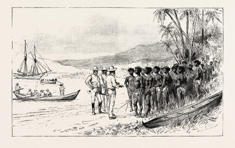 THE KANAKA LABOUR QUESTION IN QUEENSLAND: RECRUITING: TRADERS PERSUADING THE ISLANDERS TO EMBARK FOR QUEENSLAND, AUSTRALIA, 1892 engraving