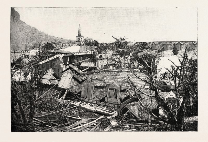 THE HURRICANE IN MAURITIUS: VIEWS OF THE RUINS IN PORT LOUIS: RUINS OF THE WESTERN WING OF THE CATHEDRAL-AIDED SCHOOLS, SHOWING THE SPIRE OF ST. JAMES'S CATHEDRAL, 1892 engraving