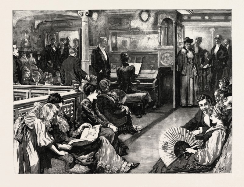 THE VOYAGE TO THE CAPE: A MUSICAL EVENING ON BOARD S.S. SCOT, 1892 engraving
