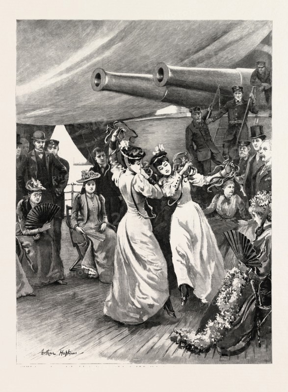 A VISIT OF THE CHANNEL SQUADRON TO CADIZ: TWO SPANISH LADIES DANCING THE SEVILLANA AT AN AT HOME ON BOARD SHIP, SPAIN, 1892 engraving
