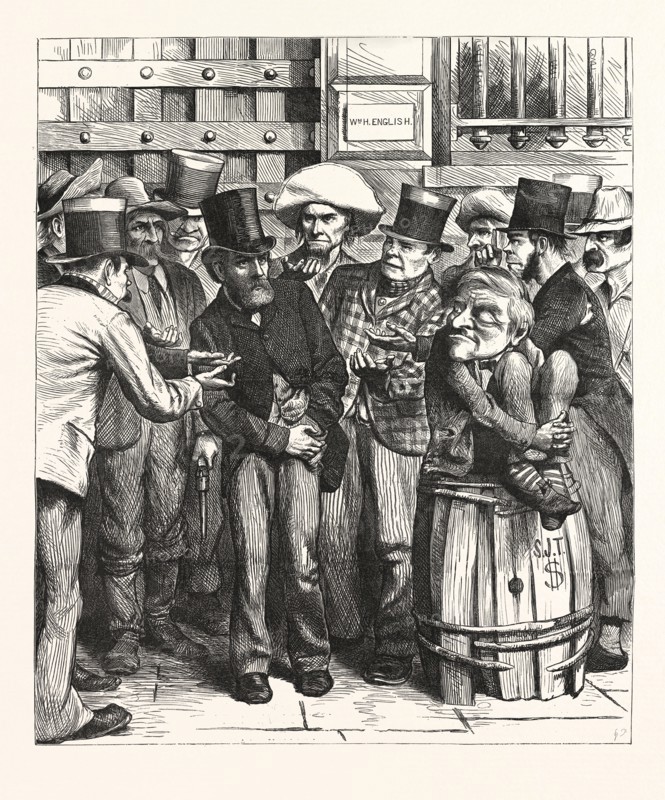 CHORUS HUNGRY DEMOCRATS. "Come, Bill, fork the needful. you think we'll work you for? us, usa, engraving 1880