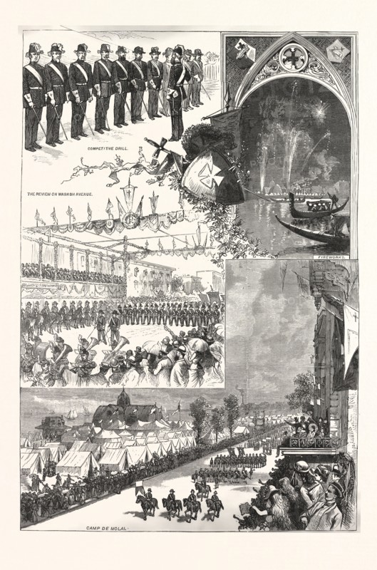 KNIGHTS TEMPLAR AT CHICAGO-CAMP DE MOLAI OTHER SCENES. FROM SKETCHES FRANK H. TAYLOR, US, USA, engraving 1880