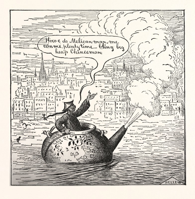 OH ! LAW THEY ARE COMING OVER IN THEIR OWN TEA-POTS  NOW! ,engraving 1880, us, usa