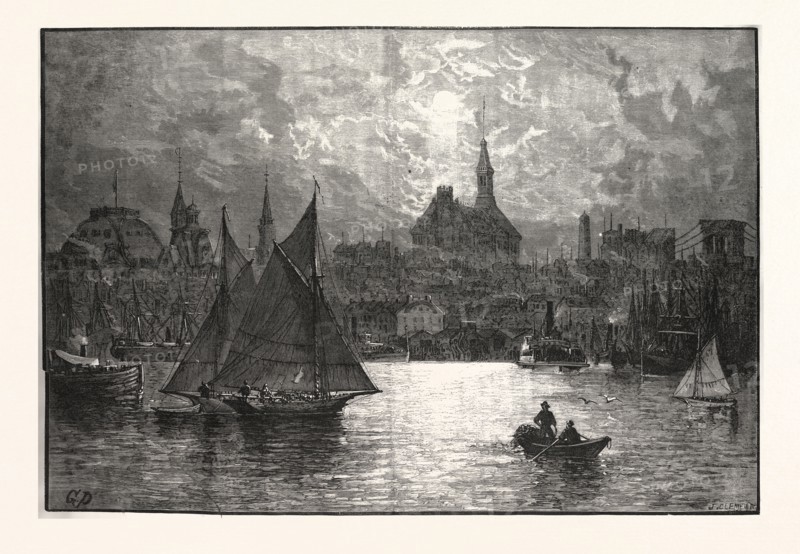 NEW YORK A CORTLANDT STREET FERRY-BOAT, JERSEY SIDE. DRAWN GRANVILLE PERKINS, engraving 1880, us, usa