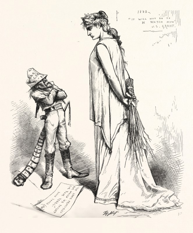 SOLID AND DEFIANT EVER, engraving 1880, us, usa, WOMAN, MAN, SOLDIER