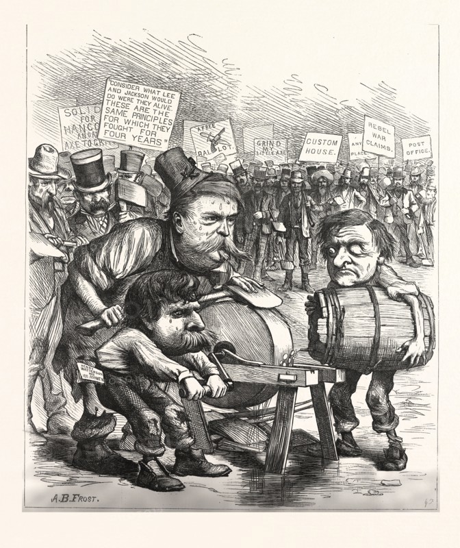 DEMOCRATIC AXE-GRINDER, engraving 1880, US, USA, POLITICS, POLITICAL, POLITIC, CAMPAIGN, PATRIOTIC