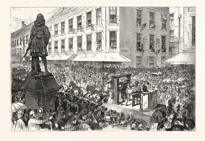 BOSTON CELEBRATION: THE PROCESSION PASSING WINTHROP STATUE. DRAWN BY C. GRAHAM, engraving 1880, US, USA, America