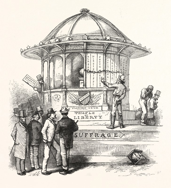 " FREEDOM SUFFRAGE TO BLACKS MEANS FREEDOM SUFFRAGE TO THE WHITES." EVARTS. SOLID SOUTH. " Hurry dough-face, and shut your side, Mine is solid, engraving 1880, US, USA, America