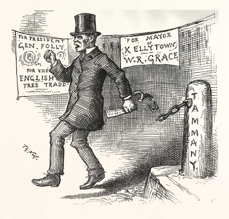 THE GREEK SLAVE EMANCIPATES "Oi'll vote aginst Tariff for Revenue only,' aginst the English Free Trade Mortgages." POLITICS, POLITICAL, POLITIC, CAMPAIGN, PATRIOTIC, US, USA, AMERICA, UNITED STATES, AMERICAN, ENGRAVING 1880