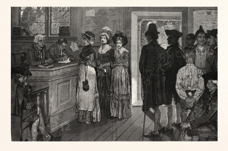 WOMEN AT THE POLLS IN NEW JERSEY IN THE GOOD OLD TIMES, DRAWN BY HOWARD PYLE, US, USA, AMERICA, UNITED STATES, AMERICAN, ENGRAVING 1880, POLITICS, POLITICAL, POLITIC, CAMPAIGN, PATRIOTIC