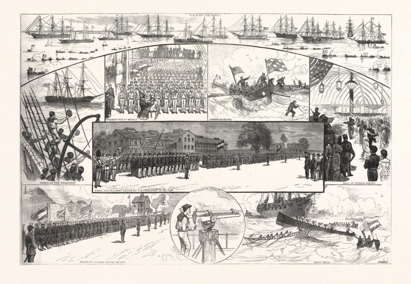 INCIDENTS THE NAVAL REVIEW FORTRESS MONROE. FROM SKETCHES BY J.O. DAVIDSON, US, USA, AMERICA, UNITED STATES, AMERICAN, ENGRAVING 1880